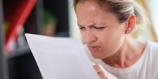 Persona que frunce el ceño cuando intenta leer un papel de cerca